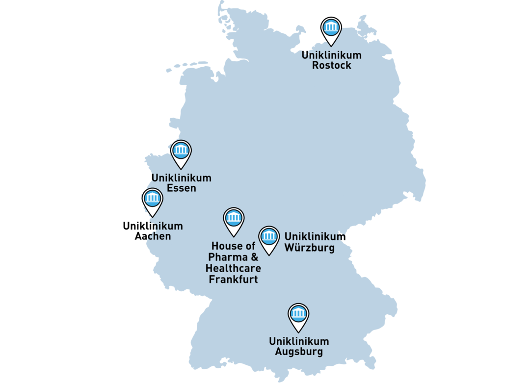 Auf der Deutschlandkarte sind die Unikliniken eingezeichnet, die das Kompetenznetzwerk Nuklearmedizin bereits besucht hat: Aachen, Augsburg, Essen, Rostock und Würzburg.