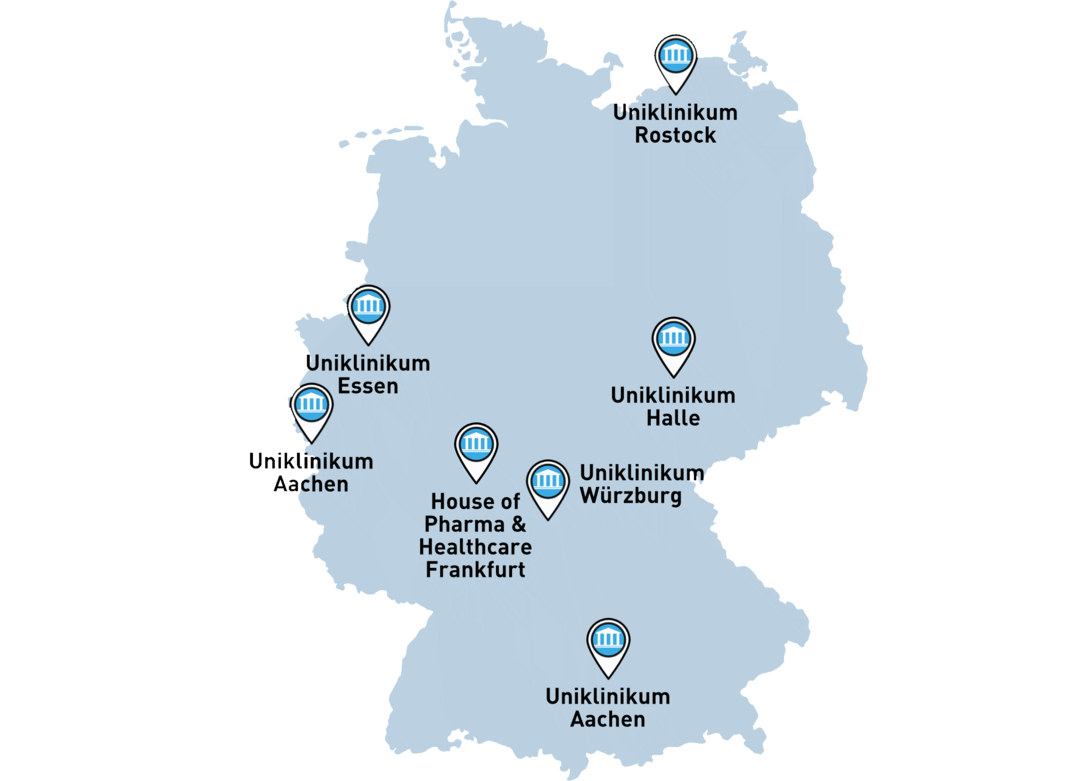 Auf der Deutschlandkarte sind die Unikliniken eingezeichnet, die das Kompetenznetzwerk Nuklearmedizin bereits besucht hat: Aachen, Augsburg, Essen, Rostock und Würzburg.